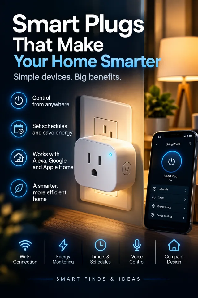 Stylized AI illustration of a smart plug and phone controlling home electronics